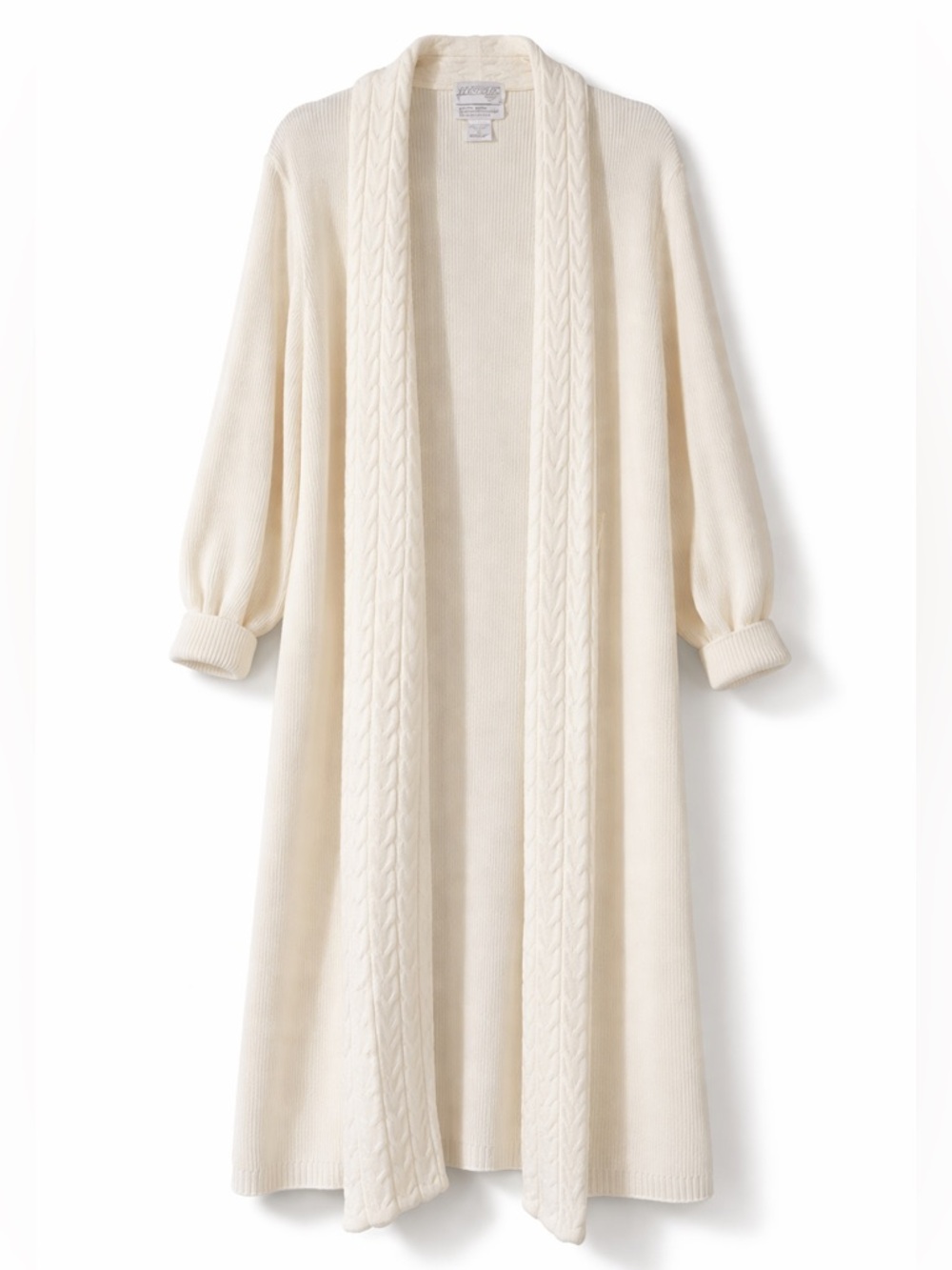 Vintage Long Cream Knit Cardigan Sweater Coat | Cable Trim | Open Front